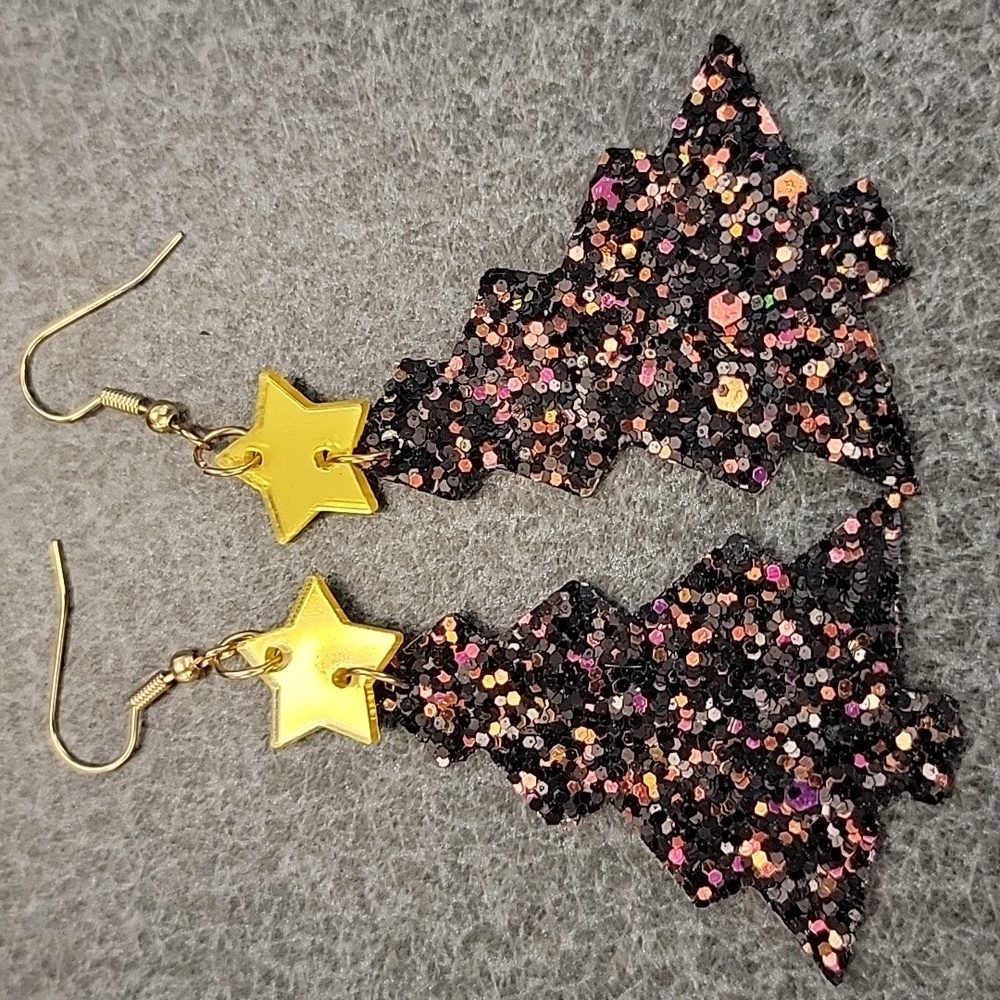Faux Leather Black Sparkly Christmas Tree Drop Earrings